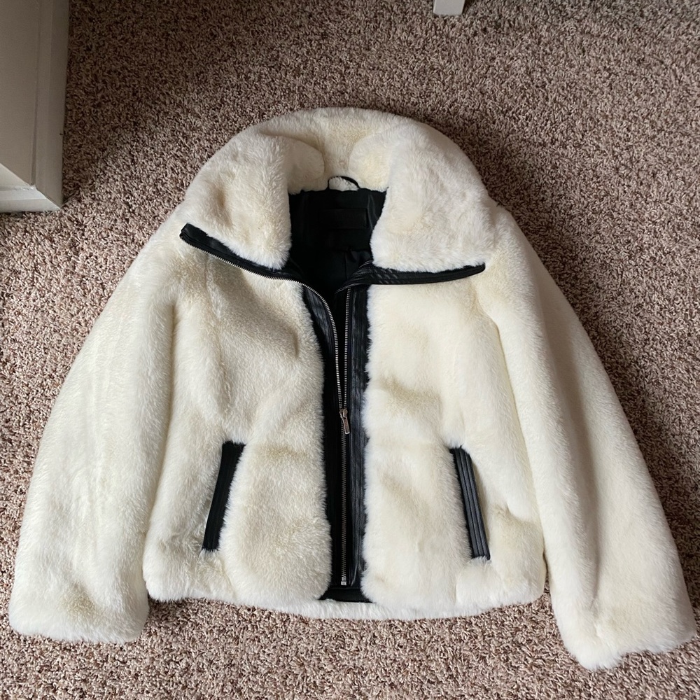 Cole Haan Ivory Faux Fur Coat